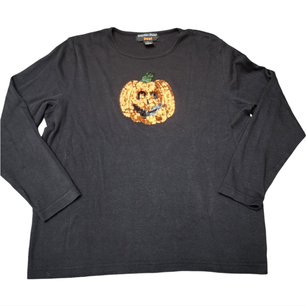 Hampshire Studios Halloween Sequin Pumpkin Long Sleeve Shirt Women’s Size Large